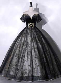 Velvet Ball Gown, Quinceanera Dresses Black, Perfect Features, Gown Silhouette, Tulle Embroidery, Attractive Dresses, Tulle Balls, Off Shoulder Gown, Goth Wedding