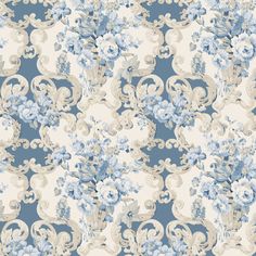 a blue and white floral wallpaper with swirly flowers on the left hand side