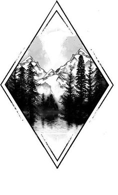 a black and white drawing of mountains with trees