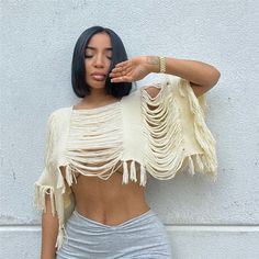 Style: SexyFit: LooseFabric: JerseyPattern: SolidElement: FringeTop Length: CropNeckline: Square NeckSleeve Type: OthersSleeve Length: Short SleeveMain Composition: CottonSeason: Summer Loose Crop Top, Fringe Crop Top, Summer Knit Tops, Stretchy Crop Tops, Knitted Blouse, Trendy Streetwear, Fringe Top, Solid Sweaters, Tassels Fashion