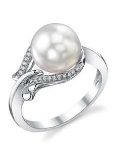 South Sea Pearl & Diamond Willow Ring Formal White Pearl Ring, White Pearl Drop Ring For Formal Occasions, Formal White Diamond Ring With Pearl Drop, White Pearl Ring With Brilliant Cut, Formal Pearl White Pearl Ring, Formal White Akoya Pearl Ring, White Gold Pearl Ring, Antique Wedding Jewelry, Diamond Willow