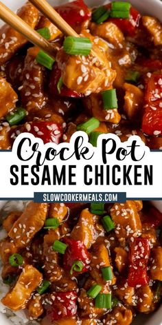 Chopsticks holding a piece of sesame chicken. Crock Pot Sesame Chicken, Chicken Sesame, Salad Prep, Sesame Chicken Recipe, Easy Crockpot Dinners, Chinese Cooking Recipes, Chinese Takeout, Easy Chinese Recipes, Slow Cook