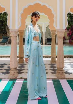 Bralette - handwoven silk, embroidered with little sparkly palm tree motifs. Pants - high - waisted handwoven silk trousers embroidered with little sparkly palm tree motifs. Jacket - oversized, handwoven silk, hand embroidered with beaten gold vintage Indian motifs. Summer Embroidered Silk Pant Set, Summer Chikankari Embroidery Sets With Wide Legs, Embroidered Wide Leg Sets For Summer, Summer Embroidered Wide Leg Sets, Silk Bralette, Indian Motifs, Vintage India, Vacuum Storage, Potli Bags