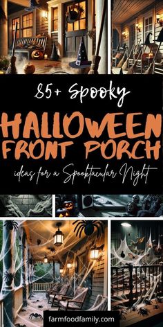 the front porch is decorated for halloween with lots of spider webs and spooky decorations