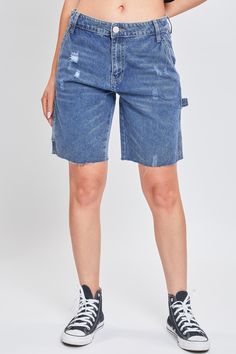 Workwear just got a cute new twist with our Women’s High Rise Denim Carpenter Shorts. This denim short features all of your favorite utility details, such as belt loops, slant front pockets, a hammer loop, and a utility pocket at the side. It has a comfortable feel but a fitted look, because practical can still be cute. Style these jean shorts with a crop top and sneakers for a casual aesthetic, and throw on an oversized plaid button up when temperatures drop for the ultimate grungy vibe. Produc Ymi Jeans, Carpenter Shorts, L And Light, Denim Short, High Rise Denim, Buy One Get One, Indigo Blue, Denim Women, Jean Shorts