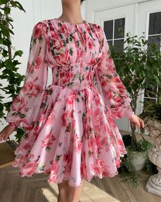 Belinda's Blush Rose Mini Dress - Teuta Matoshi Lantern Dress, Teuta Matoshi, Print Chiffon Dress, Lantern Sleeve Dress, Corset Mini Dress, Lantern Sleeve, Print Chiffon, Mode Inspiration, Corset Dress