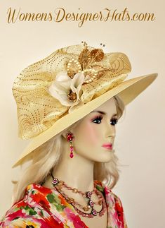 Banana Ivory Wide Brim Kentucky Derby Hat For Women. This Hand Made Fashion Hat Is Trimmed With A Yellowish Ivory Organza Bow, With Metallic Gold Circles. Placed Around This Beautiful Bow, Are Ivory Silk Millinery Flowers, And Metallic Gold Custom Dyed Velvet Flowers With Gold Sequin. This Designer Custom Made Hat Is A Show Stopper. A Perfect Kentucky Derby Or Kentucky Oaks Horse Racing Hat. Custom Made And Designed By Women's Designer Hats, www.womensdesignerhats.com

This dress hat is suited for Winter, Spring, Summer And Fall.

Material: Polypropylene : Yellowish Ivory Straw Braid : Condition Is New
Head Size: 22.5 Inches
Crown Width: 7 Inches : Style Wide Brim, measures 5"

Thank you for shopping with Women's Designer Hats for your millinery headwear needs. All Sales Are Final.

https: Hats For Weddings, Mother Of The Bride Hats, Kentucky Oaks, Church Lady Hats, Formal Hat, Statement Hat, Custom Made Hats, Organza Bow, Royal Ascot Hats