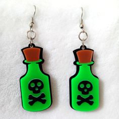 Poison Danger Green Bottle Earrings Halloween Gothic Green Halloween Party Jewelry, Green Halloween Party Earrings, Green Novelty Jewelry For Halloween, Green Novelty Earrings For Halloween, Green Novelty Dangle Earrings, Nickel-free Punk Halloween Earrings, Novelty Black Halloween Earrings, Bottle Earrings, Halloween Gothic