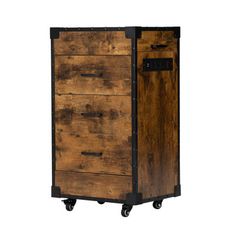 an old wooden cabinet with wheels on the bottom and drawers in black metal trimmings