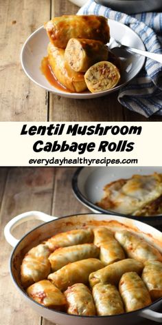 several different types of food in pans on top of a wooden table with the words lentil mushroom cabbage rolls