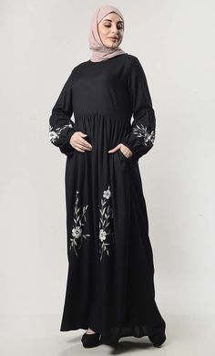 A perfect wardrobe piece for everyday Round neck Gathered Wasit Bottom panel with embroidery Both side pockets Full Sleeves FABRIC:Rayon CARE: Very Light Machine wash cold Black Abaya With Floral Embroidery, Black Long Sleeve Abaya With Floral Embroidery, Islamic Clothing Women, Hijab Gown, Floral Wallpaper Phone, Mens Items, Islamic Clothing, Thread Embroidery, Kids Items