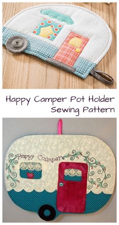 two pictures showing different types of camper pot holders, one with a sewing needle and the other with an applique