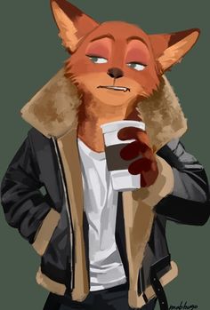 a drawing of a fox with a cup in his hand and a jacket over it