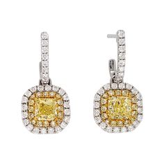 From the Couture Collection at Scarselli, these Fancy Yellow Radiant Cut Diamonds are 0.61 carats each SI2-SI1 clarity. The Yellow Diamonds are simpleness beautiful set up in an 18 karat yellow gold flanked by 0.24carats of yellow diamonds squared by 0.58 white diamonds that run along on the holding post. Earpin earrings included the push back in 18k gold. Diamonds are certified by GIA (see certificate's pictures for stone detailed information) . For this and other spectacular natural fancy colo Collection Couture, Yellow Diamonds, High Jewellery, Fancy Yellow Diamond, Yellow Jewelry, Radiant Cut Diamond, Pearl Earrings Dangle, Radiant Cut, Antique Earrings