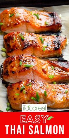 grilled salmon on a plate with text overlay that reads, foodrealea easy thai salmon