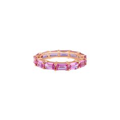 Ideal stacking ring or to wear alone. A perfect gift for someone special, this eternity ring is set with an unbroken row of sparkling baguette pink sapphires on an 14-karat rose gold band. 14K Yellow Gold Pink Sapphires, total weight: 3.91 ct Made to order. Lead time is 8 weeks. Benefits of Solid 14k Gold Jewelry Most loved for its durability and longevity Can be worn daily and requires less maintenance and care than plated, vermeil, or silver jewelry Sweat/water resistant so you can take your b Half Eternity Pink Sapphire, Pink Sapphire Eternity Band For Anniversary Fine Jewelry, Yellow Gold Pink Sapphire Round Band Jewelry, Pink Sapphire Eternity Band, Pink Sapphire Eternity Ring, Sapphire Eternity Band, Pink Enamel, Rose Gold Band, Stacking Rings