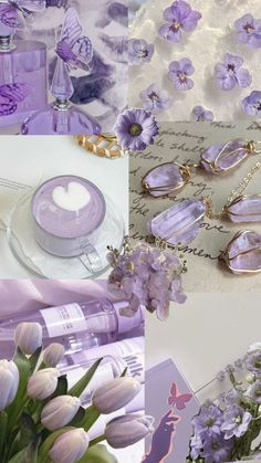 the collage shows purple flowers and jewelry