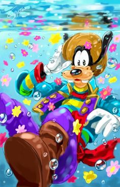 an image of mickey mouse in the water with bubbles and flowers on his feet,