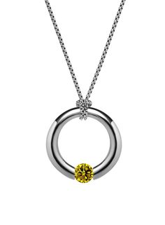 Yellow Sapphire Tension Set Round Pendant in Stainless Steel by Taormina Jewelry Tension Ring, Tension Setting, Rubber Bracelets, Mens Pendant, Yellow Sapphire, Circle Pendant, Round Pendant, Steel Jewelry, Stainless Steel Jewelry