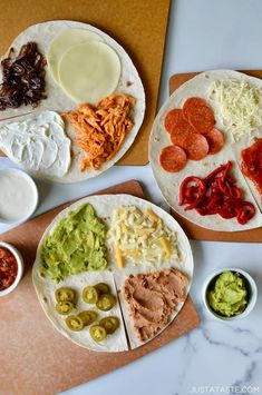 two tortillas with different toppings and sauces on the side next to each other