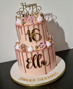 Two tier rose gold drip cake with pretty pink and gold accents. Rose Gold Drip Cake, 16th Birthday Cake For Girls, Sprinkle Drip Cake, Gold Drip Cake, Sweet Birthday Cake, Best Happy Birthday Wishes, Sweet Sixteen Cakes, 14th Birthday Cakes