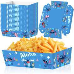 a blue box filled with french fries next to other boxes