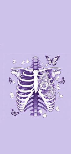 a skeleton with roses and butterflies on it's chest is shown in this purple background