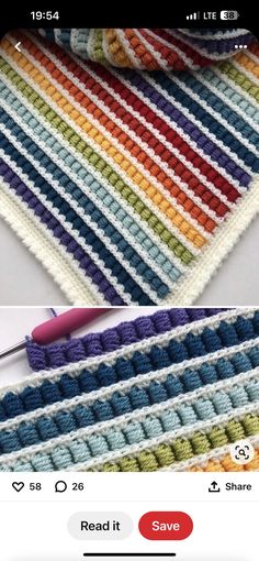 two photos showing the same crochet pattern as they are being used to make an afghan