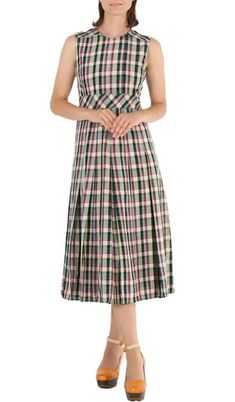 NWT Burberry Aria Achni Plaid Dress with Pleated Skirt Green Red White Size 4 Casual A-line Dress With Pleated Skirt, Summer A-line Plaid Dress, Pleated Fit And Flare Full Skirt Dress, Fit And Flare Full Pleated Dress, Fitted Dress With Pleated Flared Skirt, Fitted Pleated Skirted Dresses, Pleated Flared Skirt Midi Dress, Summer Dresses With Pleated Hem And Full Skirt, Sleeveless Cotton Dress With Pleated Hem