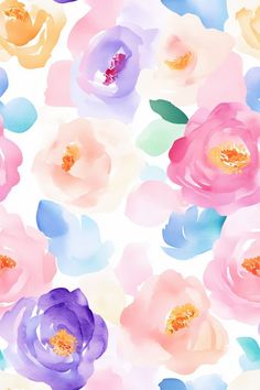 watercolor flowers on a white background with blue, pink and yellow petals in the center