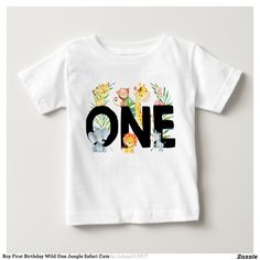 a white t - shirt with the word one printed in black letters and flowers on it