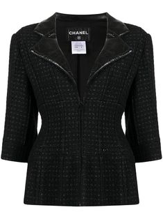 Black/silver-tone wool-blend/leather single-breasted tweed jacket from Chanel Pre-Owned featuring tweed, metallic threading, notched collar, front zip fastening, three-quarter length sleeves, straight hem and silk lining. POSITIVELY CONSCIOUS: Purchasing this item continues its narrative and reduces the environmental impact of using new resources. You can be confident that you’re making a better choice for the Planet.. | Chanel Pre Owned Single-Breasted Tweed Jacket Black Tweed Jacket, Chanel Jacket, Clothing Pieces, Black Tweed, Chanel Vintage, Tailored Jacket, Notched Collar, Vintage Chanel, Environmental Impact