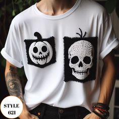 Halloween Skull T-shirts, White Basic Halloween Shirt with Skeleton Pocket for Halloween Party, Halloween Gift, Halloween Merchandise, Halloween Accessory,  Halloween Basic T-shirt for Couples, Witch Shirt Gift for Halloween, Halloween Complement Gifts for Mens, Halloween Couples T-shirt with Crocheted These basic & crochet pocket unisex Halloween Theme t-shirts seem like an art! I always crochet with high attention to detail.  Lightweight and elegant, ideal for Halloween Party. Custom Orders are Always Welcome !! *These basic Halloween Design t-shirts are cotton and has crocheted patches sewed on it *If you have any questions or have a special product in your mind, please do not hesitate to message me! (About shipping, size, color, yarn, customization, any advices etc.) It is pleasure for White Crew Neck T-shirt For Costume Party, White Short Sleeve Top For Costume Party, White T-shirt For Costume Party In Fall, Halloween White Skull Top, Spooky White T-shirt For Costume Party, White Horror T-shirt For Fall, White Skull Print T-shirt For Fall, White T-shirt With Skull Print For Fall, Halloween Themed White T-shirt