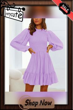 Light Purple Ruffle Detail Smocked Long Sleeve Dress Spring Billowy Ruched Smocked Dress, Chic Fitted Smocked Dress, Spring Non-stretch Smocked Back Dress, Spring Smocked Ruched Stretch Dress, Spring Casual Smocked Stretch Dress, Spring Smocked Stretch Dress With Ruched Details, Fitted Smocked Dress With Ruched Detail, Fitted Solid Smocked Dress With Ruched Detail, Casual Stretch Smocked Dress With Ruffles