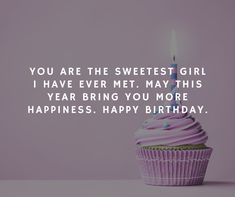 a cupcake with a lit candle on it saying you are the sweetest girl i have ever met, may this year bring