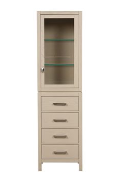 a white cabinet with glass doors on the front and drawers below it, against a white background