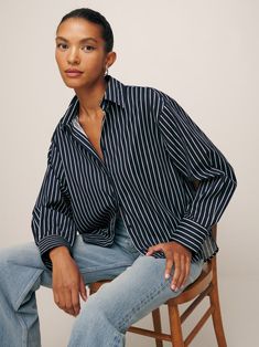 Andy Oversized Shirt Stripe Shirts, Striped Shirt Women, Work Uniforms, Long Jeans, Slip Skirt, Fashion People, Oversized Shirt, Fashion Tops, Get Dressed