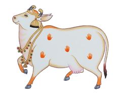 a cow with a crown on it's head and two hands in the back