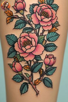 a woman's thigh with pink roses on it and green leaves around the thighs