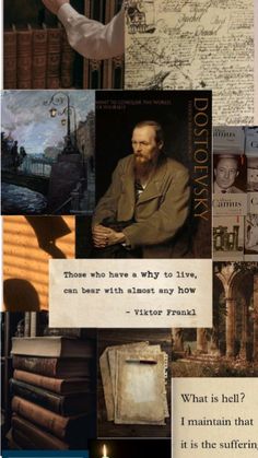 a collage with many different pictures and words on the same page, including an old man