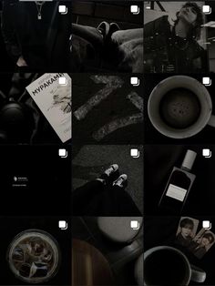 a collage of black and white photos with coffee