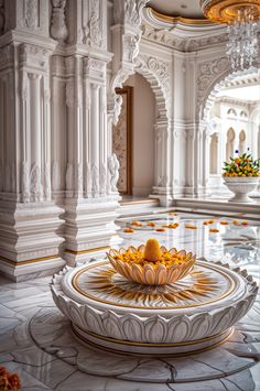 a white and gold fountain in the middle of a room with chandeliers hanging from it's ceiling