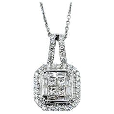 Shown here is an exquisite diamond pendant necklace featuring a harmonious blend of round, square, and baguette cut diamonds set in a captivating square-shaped halo pendant, all crafted in 14 karat white gold. This pendant is a true embodiment of elegance and sophistication. The focal point of this piece is the dazzling square-shaped halo, meticulously adorned with a mesmerizing arrangement of round, square, and baguette cut diamonds. Each diamond is carefully chosen for its exceptional cut, col Luxury Single Diamond Square Pendant Jewelry, Luxury Square Pendant Engagement Jewelry, Luxury White Gold Diamond Necklace With Square Pendant, Diamond Necklace With Rectangular Pendant, Luxury Rectangular Diamond Cut Necklace, Rectangular Diamond Cut Diamond Necklace, Luxury Brilliant Cut Rectangular Necklace, Luxury Necklace With Brilliant Cut Rectangular Shape, Luxury Rectangular Brilliant Cut Necklace