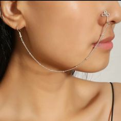 This Unique Piece Is A Wonderful Addition To Your Wardrobe And Your Style; Sure To Get Lots Of Compliments! Earring Requires Standard Piercing And Nose Ring Is Pierce-Less. Gsumpr50400j9rs Cute Nose Ring Chain, Earing To Nose Ring Chain, Cool Nose Piercings Chain, Dangling Nose Ring, Dangling Nose Cuff, Nose Ring Chain, Nose Chain, Skull Fire, Boho Drop Earrings