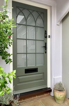 a green front door with glass panels and potted plants