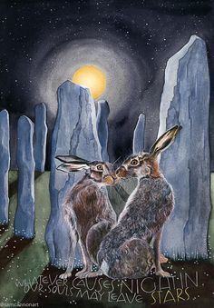 two rabbits sitting next to each other in front of a night sky with stars and the moon