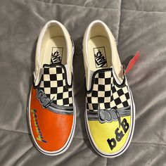 Custom Shoes. Never Worn. Come With Box. Size 6.5 Men 8.0 Women. Yellow Custom Slip-on Sneakers For Streetwear, Yellow Slip-on Custom Sneakers For Streetwear, Vans Yellow Slip-on Sneakers, Yellow Vans Slip-on Sneakers, Vans Shoes Custom, Vans Old Skool Checkerboard, Sneakers To Buy, Vans Orange, White Checkered Vans