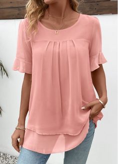 Color:Pink;Size:S;Size:M;Size:XL;Package Contents:1 X Blouse;Occasion:Other;Style:Casual; Layered Short, Round Neck Blouse, Basic Blouses, Creative Clothes, Tops Trendy, Nyfw Street Style, Pink Tunic, Trendy Tops For Women, Western Tops