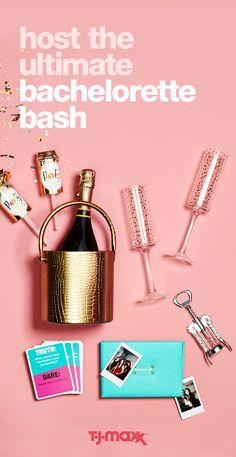 a bottle of champagne and some other items on a pink background with the words, host the ultimate bachelor bash