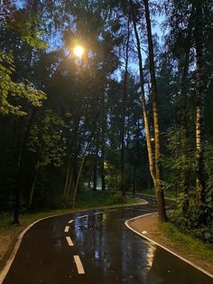 the sun shines brightly through the trees on a wet road